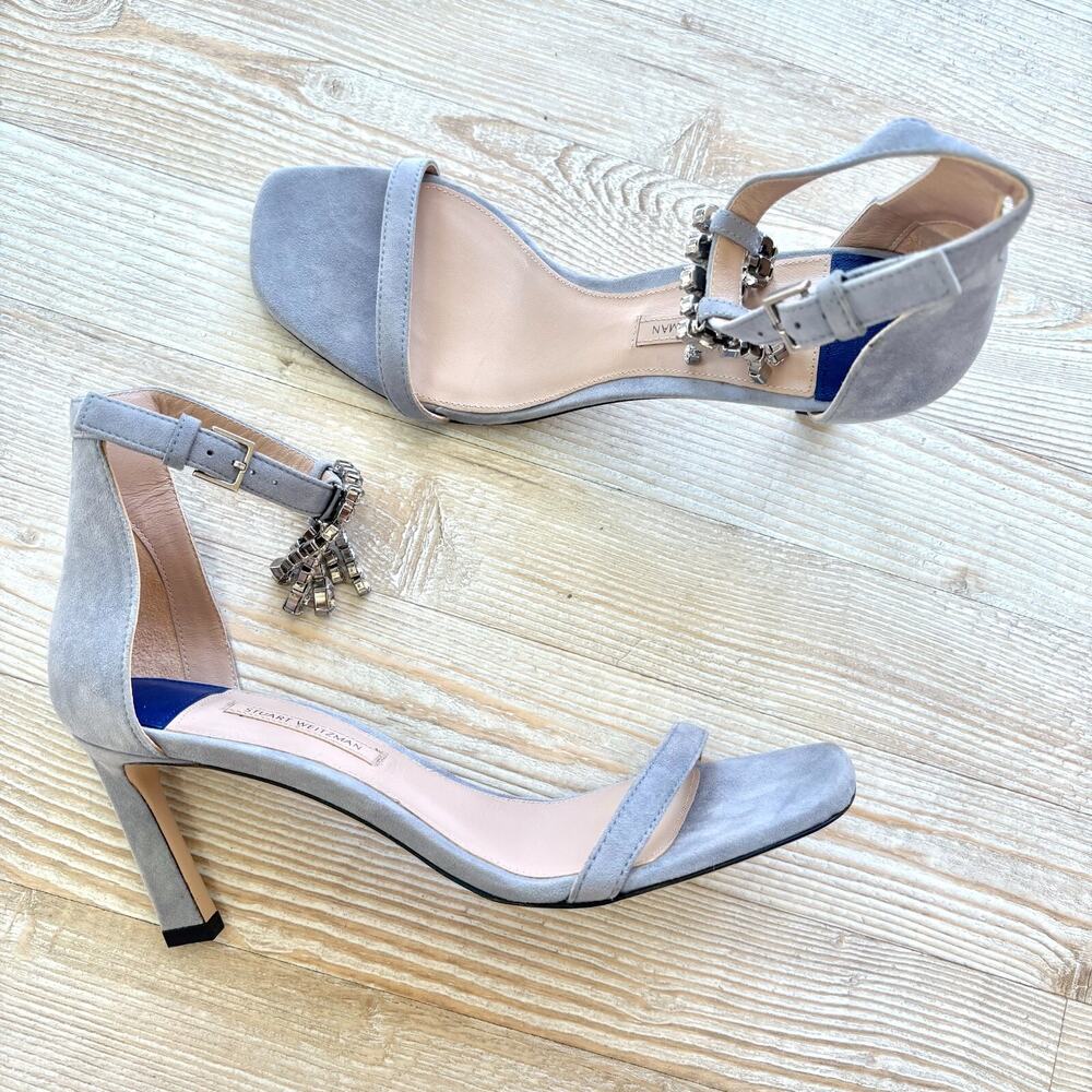 Stuart Weitzman Suede Stiletto Heel Rhinestone Waterfall Sandals | Blue 8.5‎